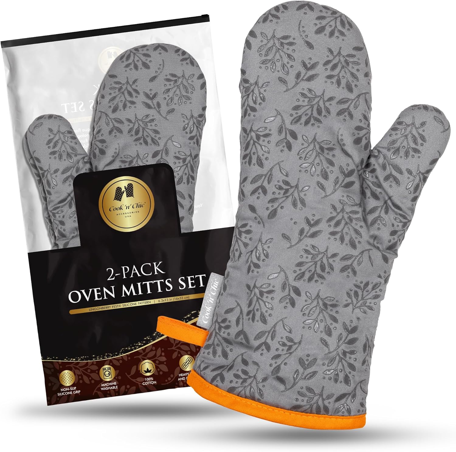 Premium Heat-Resistant Oven Mitts Set of 2 by CooknChic