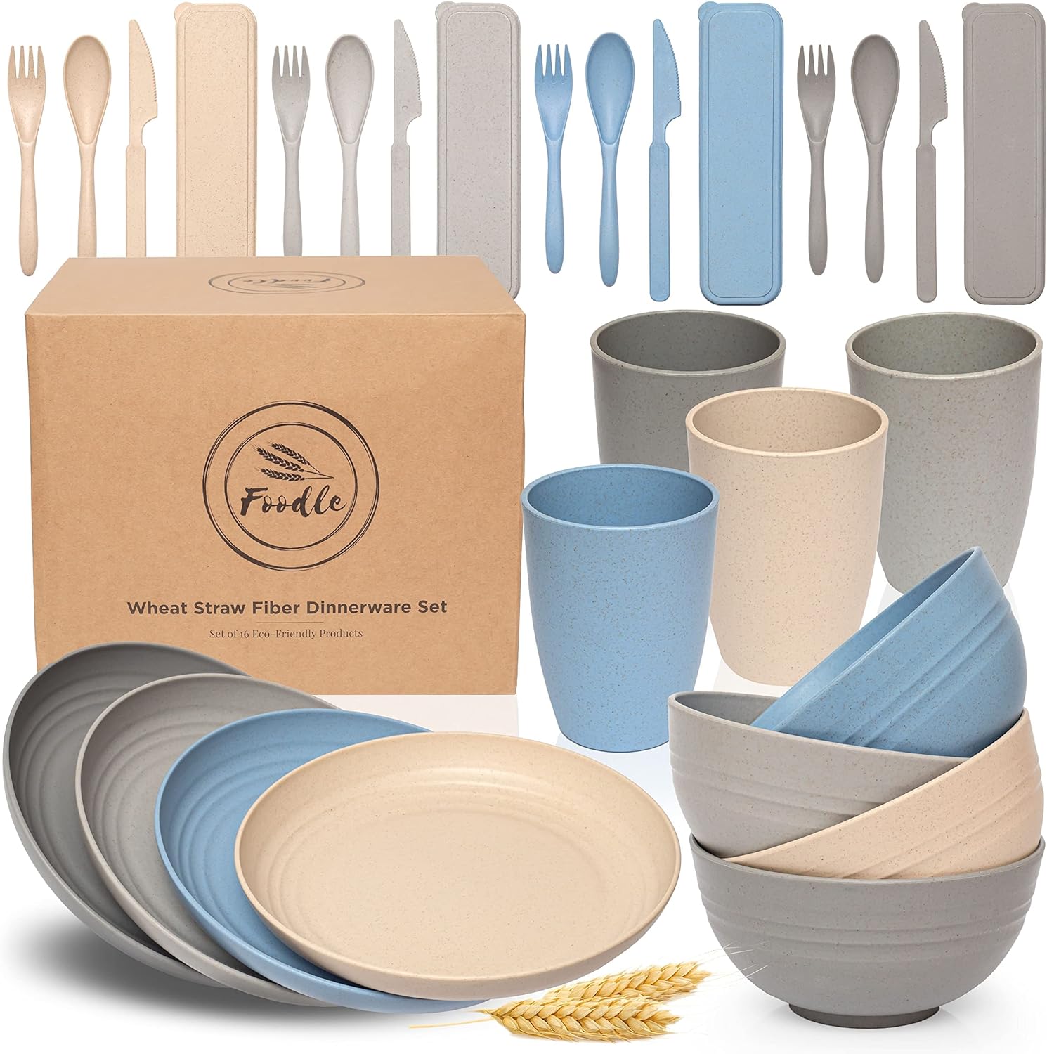 FOODLE 28 Piece Wheat Straw Dinnerware Set