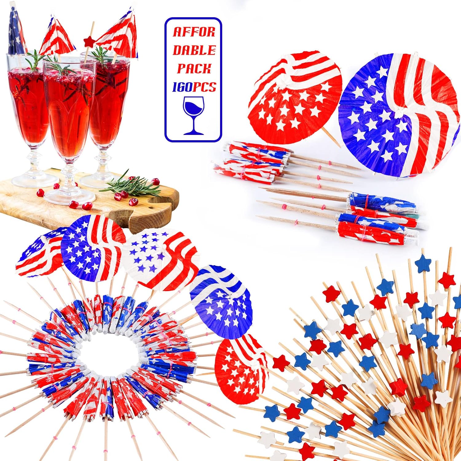 160 Pieces 4th of July Cocktail Picks with US Flag Paper Umbrellas 1