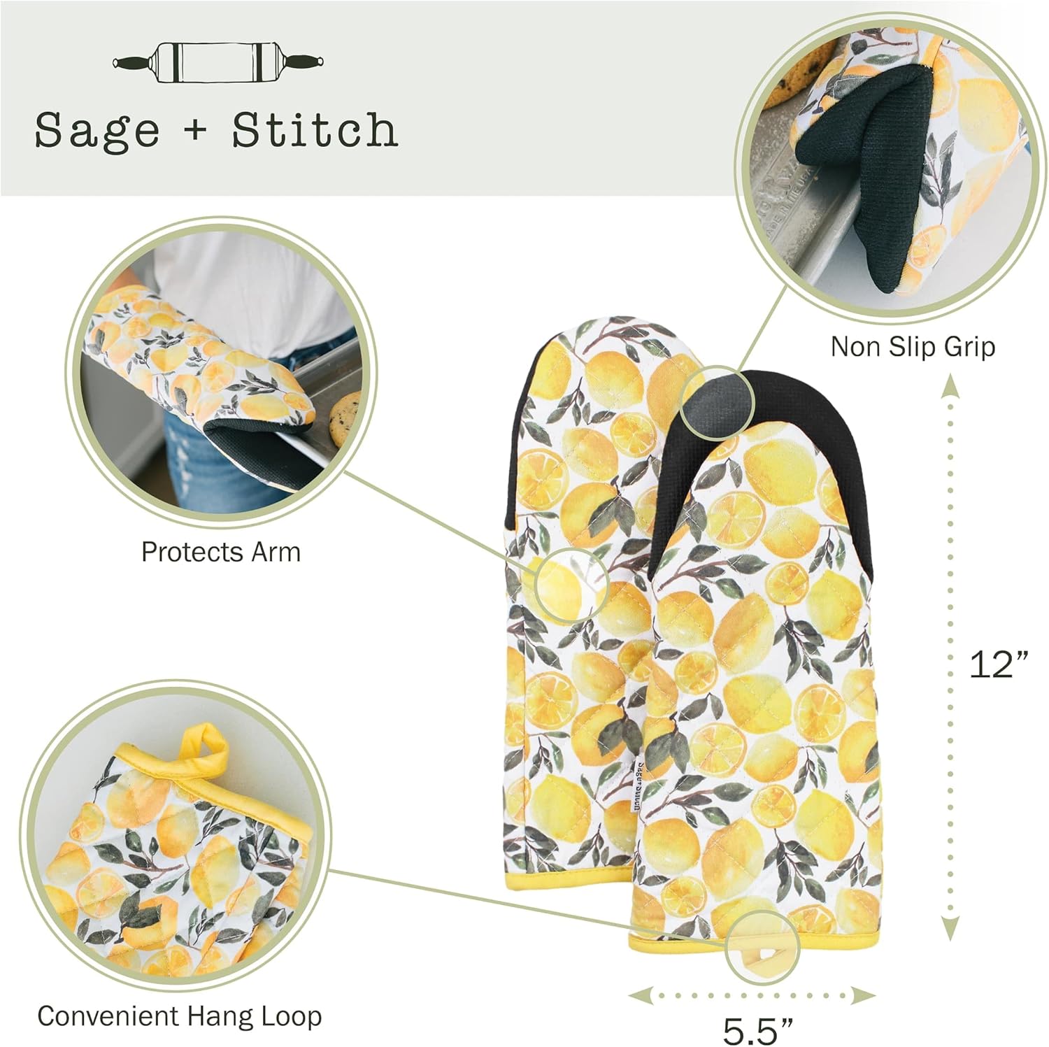 SageStitch Heat Resistant Oven Mitts Set of 2 Yellow Lemons