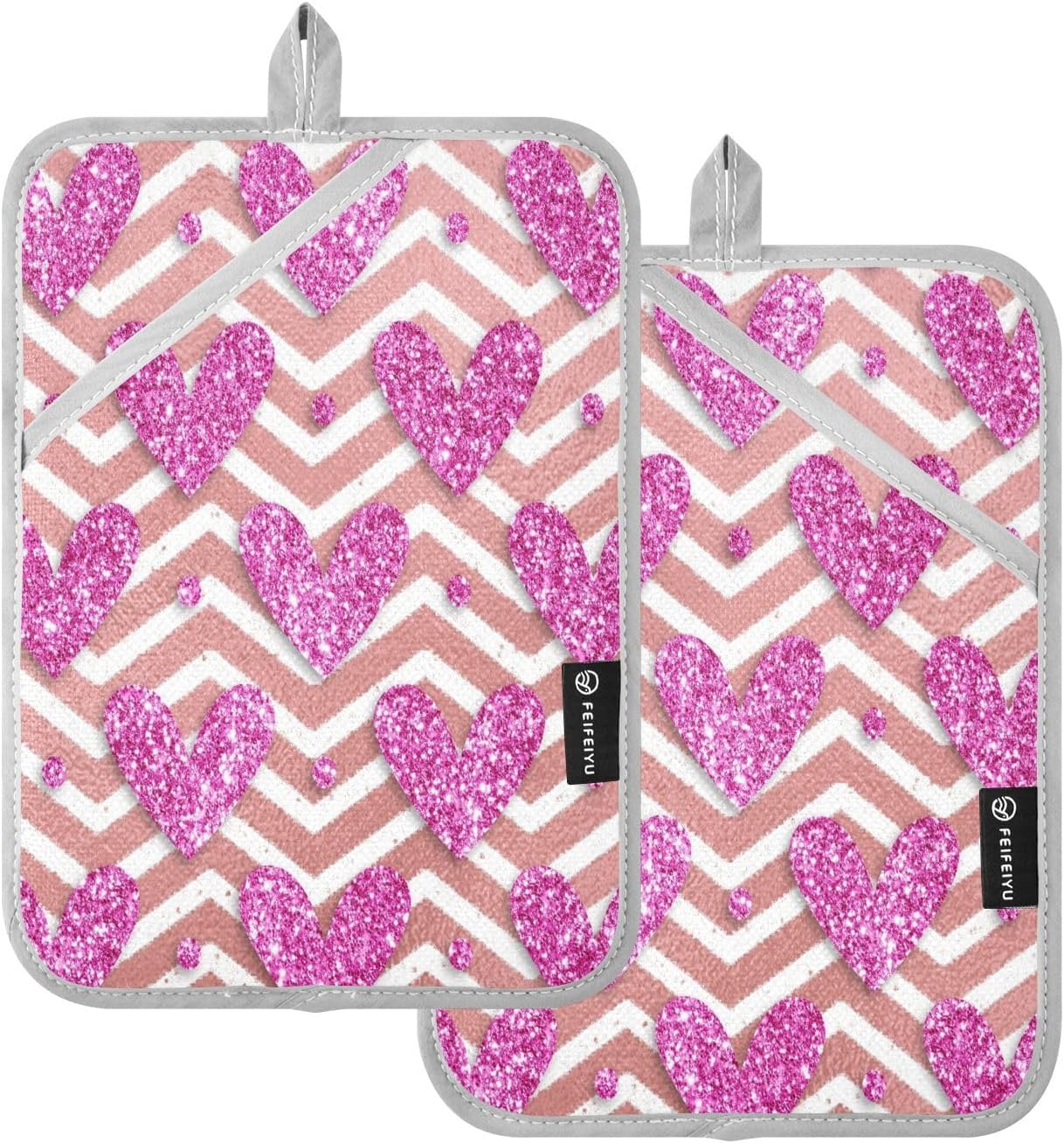 Kcldeci Striped Pink Glitter Heart Oven Mitts 2 Pack