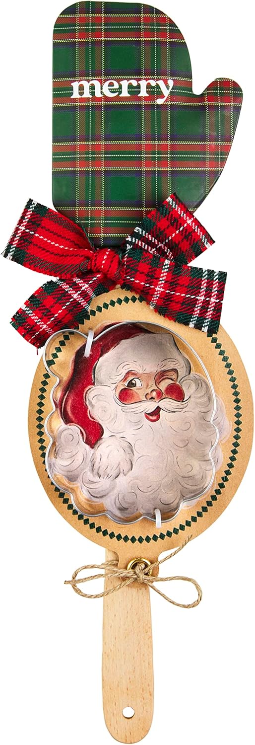 Mud Pie Christmas Tartan Silicone Spatula Santa Cookie Cutter Set - Green