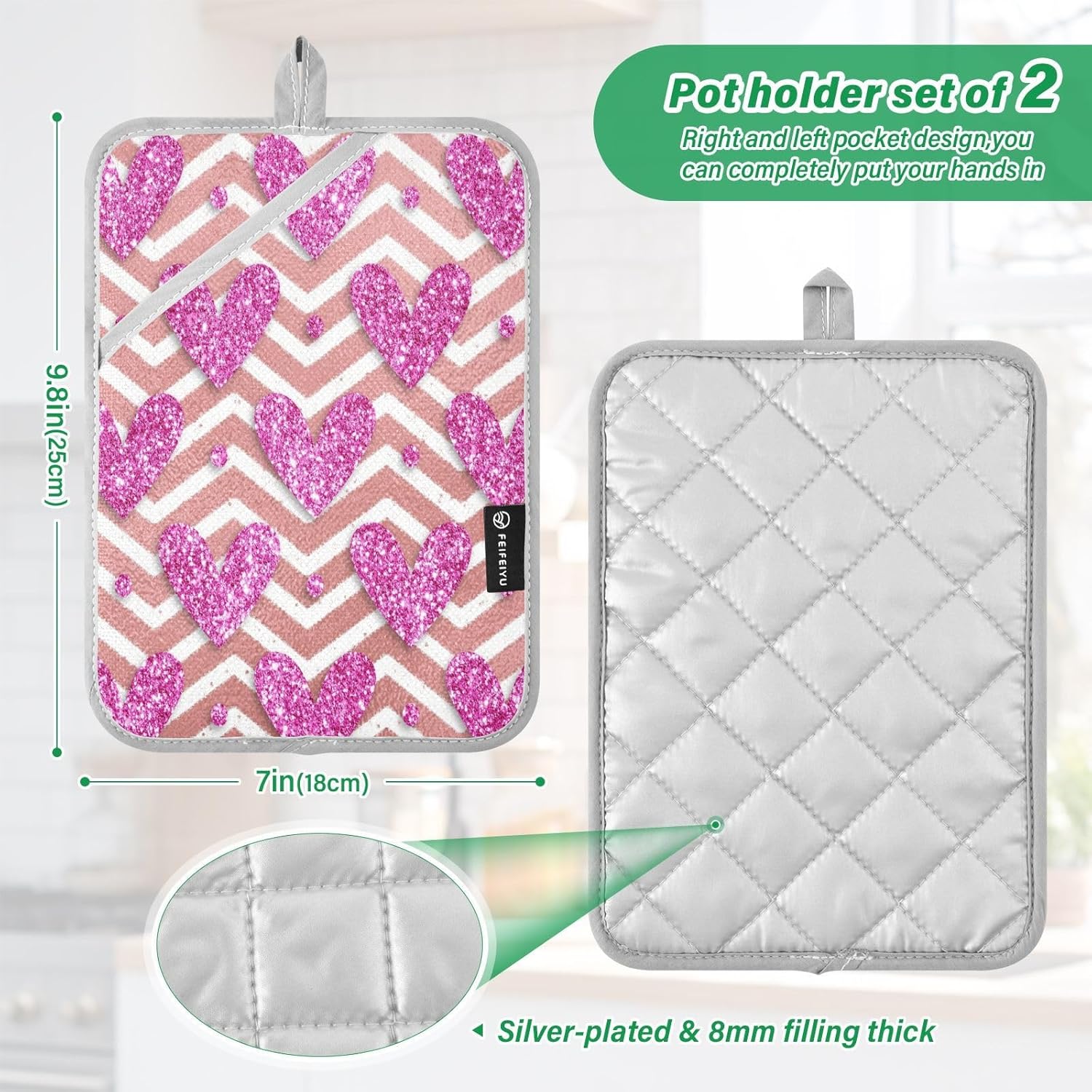 Kcldeci Striped Pink Glitter Heart Oven Mitts 2 Pack