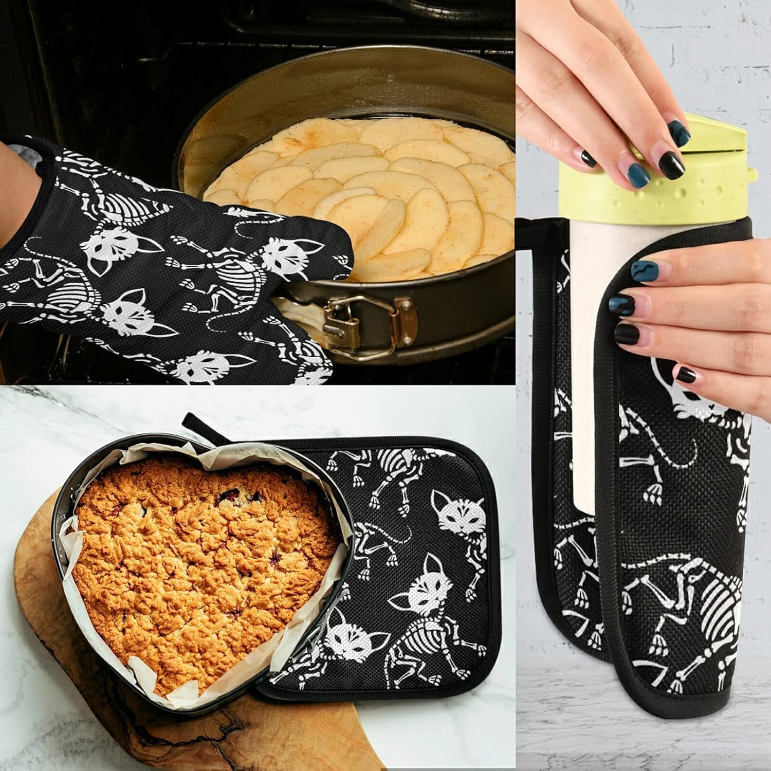 Eionryn Skeletons Cats Halloween Oven Mitts Potholders 2-Piece Set