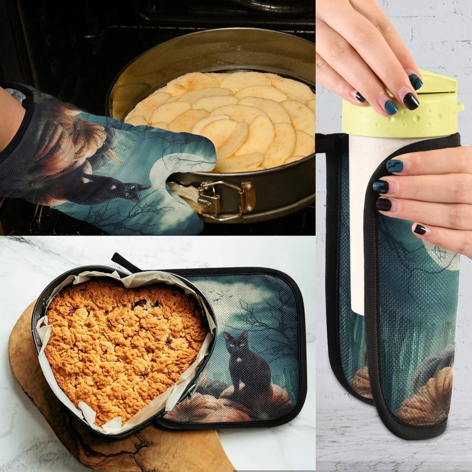 QUGRL Halloween Black Cat Heat Resistant Oven Mitts Set