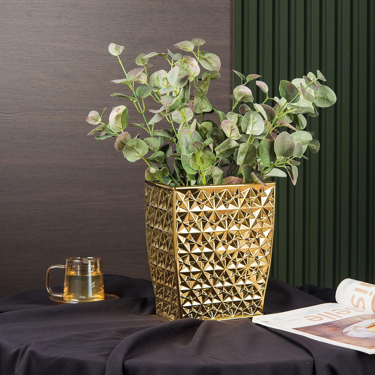 Ceramic Gold Square Garbage Can - Kitchen Bathroom Bin