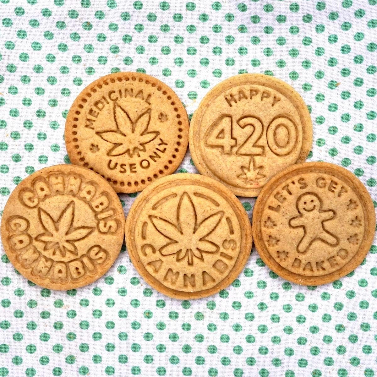 PJ Bold Marijuana Cookie Stamps Set with Stainless Steel Cutter and Wood Handle