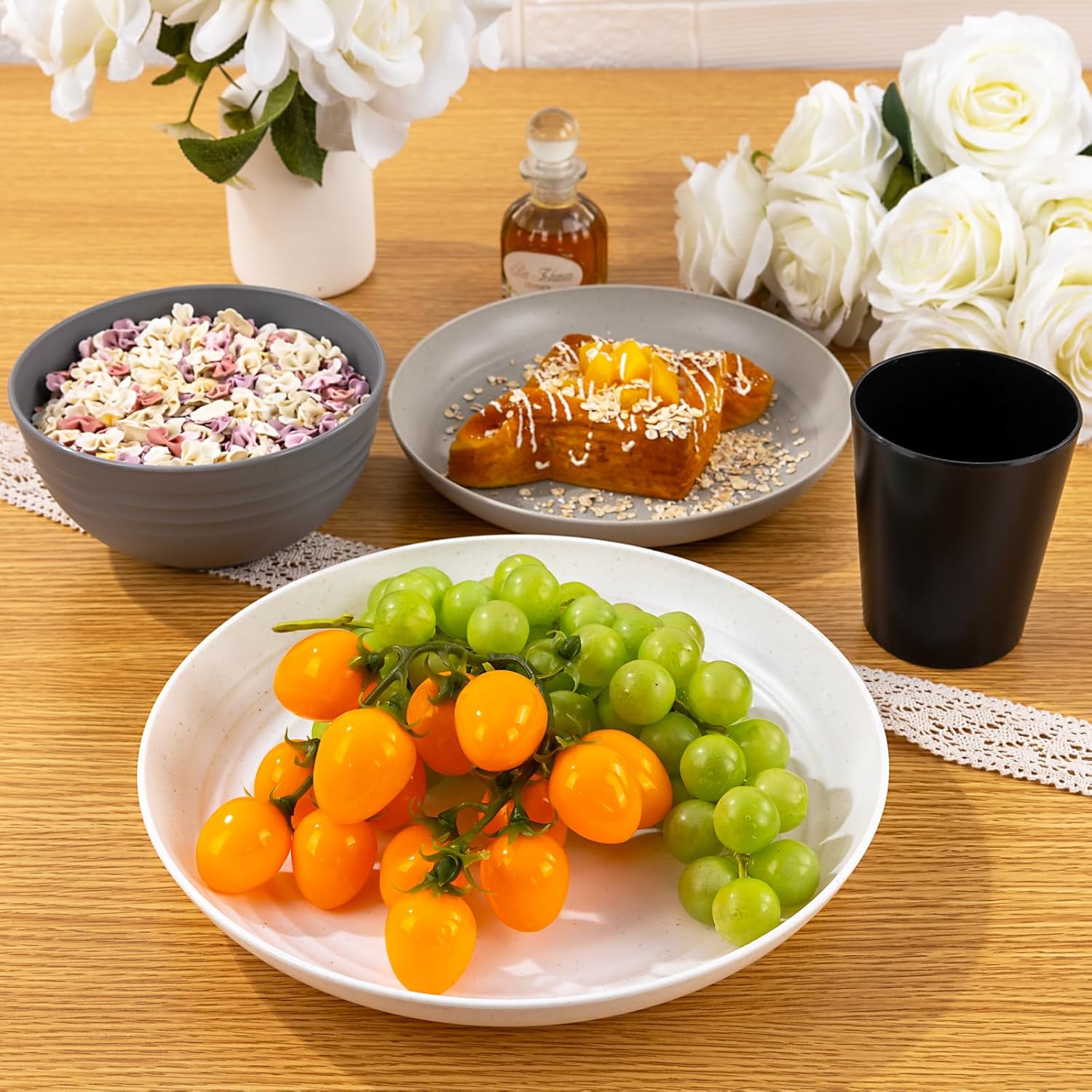 LIYH 16pc Wheat Straw Dinnerware Set Reusable Plates Bowls Cups