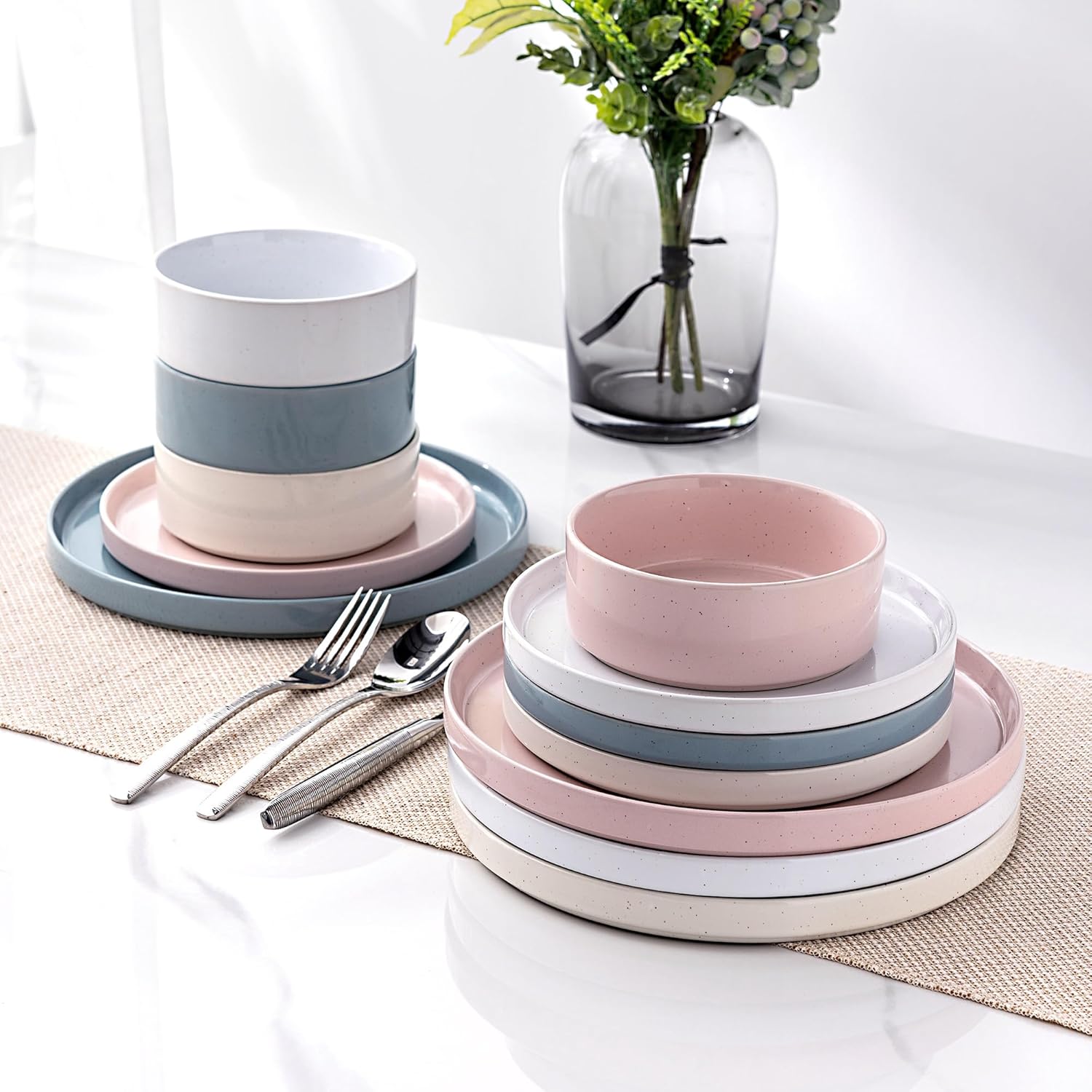 GBHOME Dinnerware Set for 4 12 Piece Speckled Plates and Bowls Set