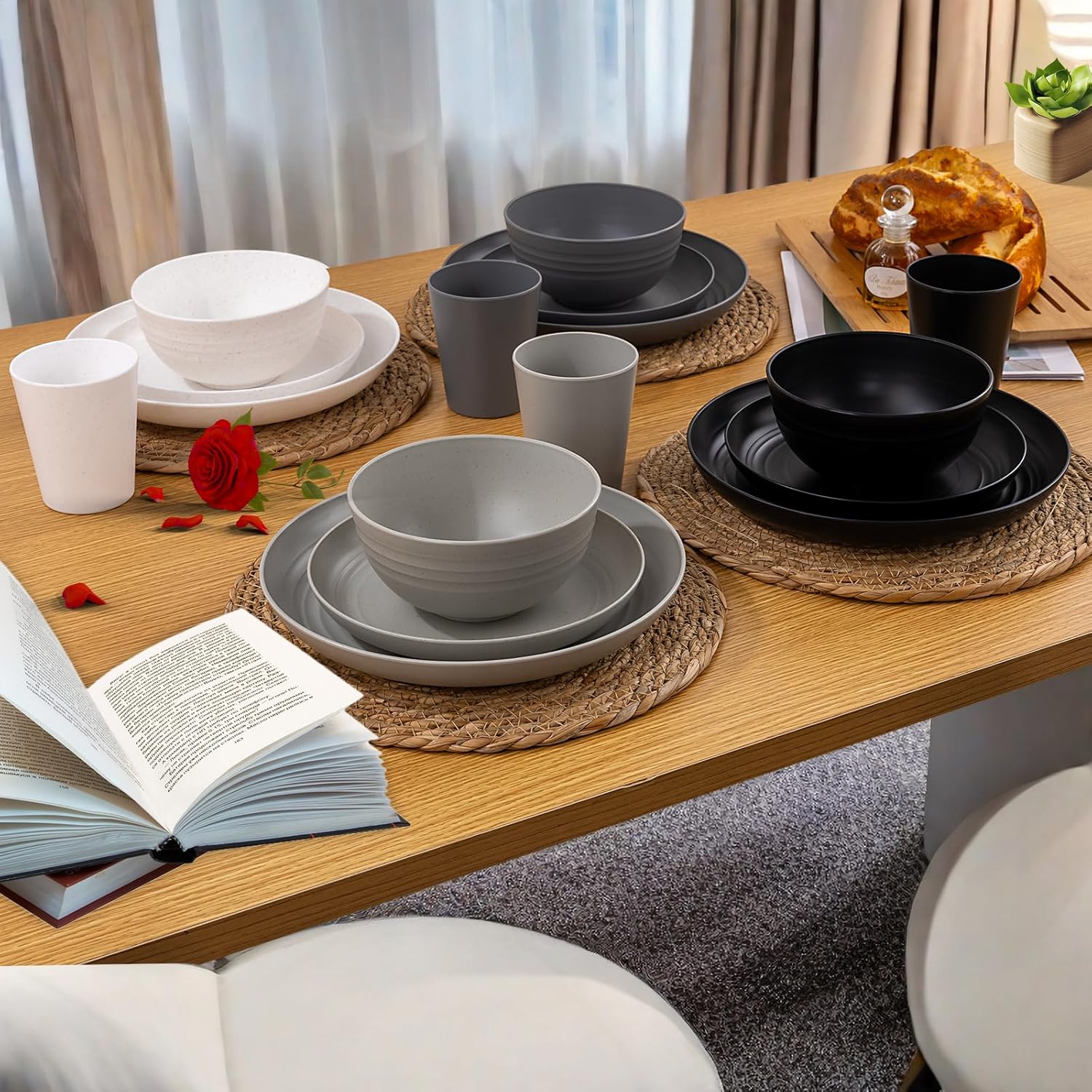 LIYH 16pc Wheat Straw Dinnerware Set Reusable Plates Bowls Cups