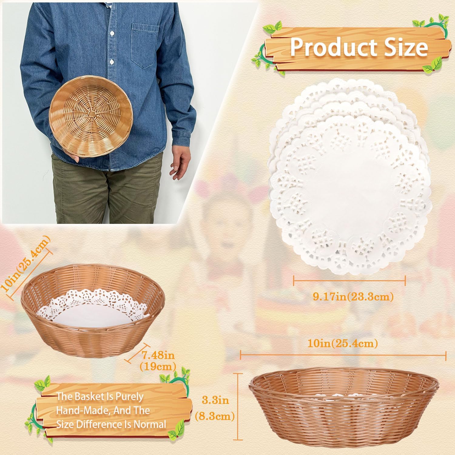 Yimerlen 8 Pcs Round Large Plastic Bread Basket with Blotting Sheets