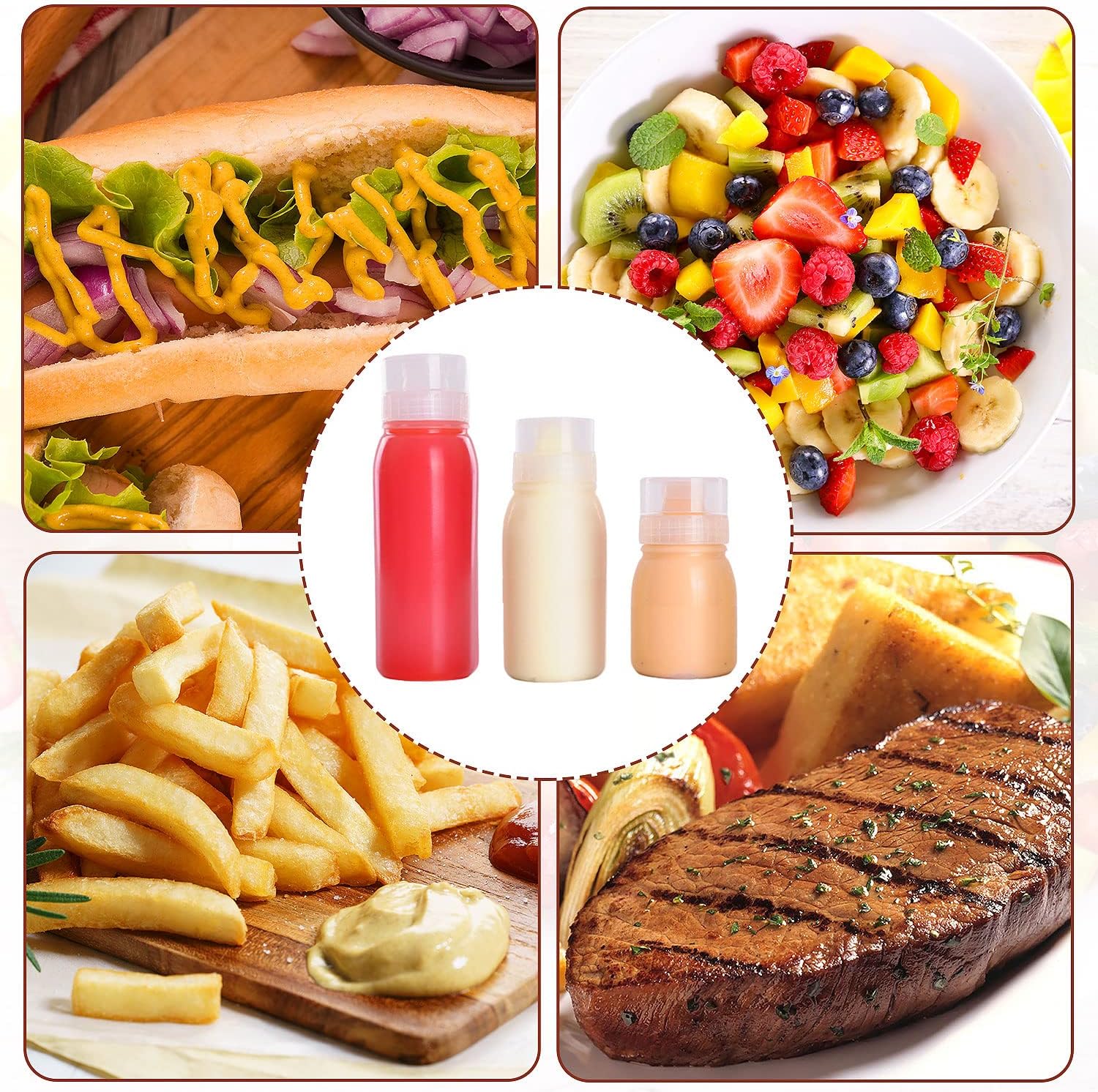RAMFIYN 5-Nozzle Condiment Squeeze Bottles - 6pcs 10oz Set with Leakproof Lids