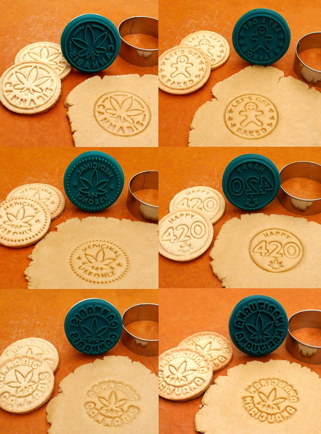 PJ Bold Marijuana Cookie Stamps Set with Stainless Steel Cutter and Wood Handle