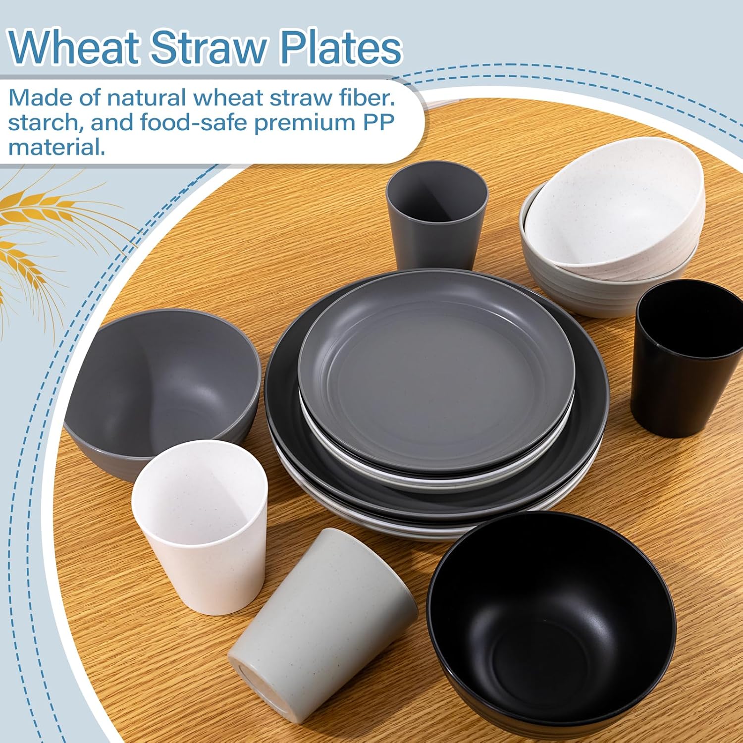 LIYH 16pc Wheat Straw Dinnerware Set Reusable Plates Bowls Cups