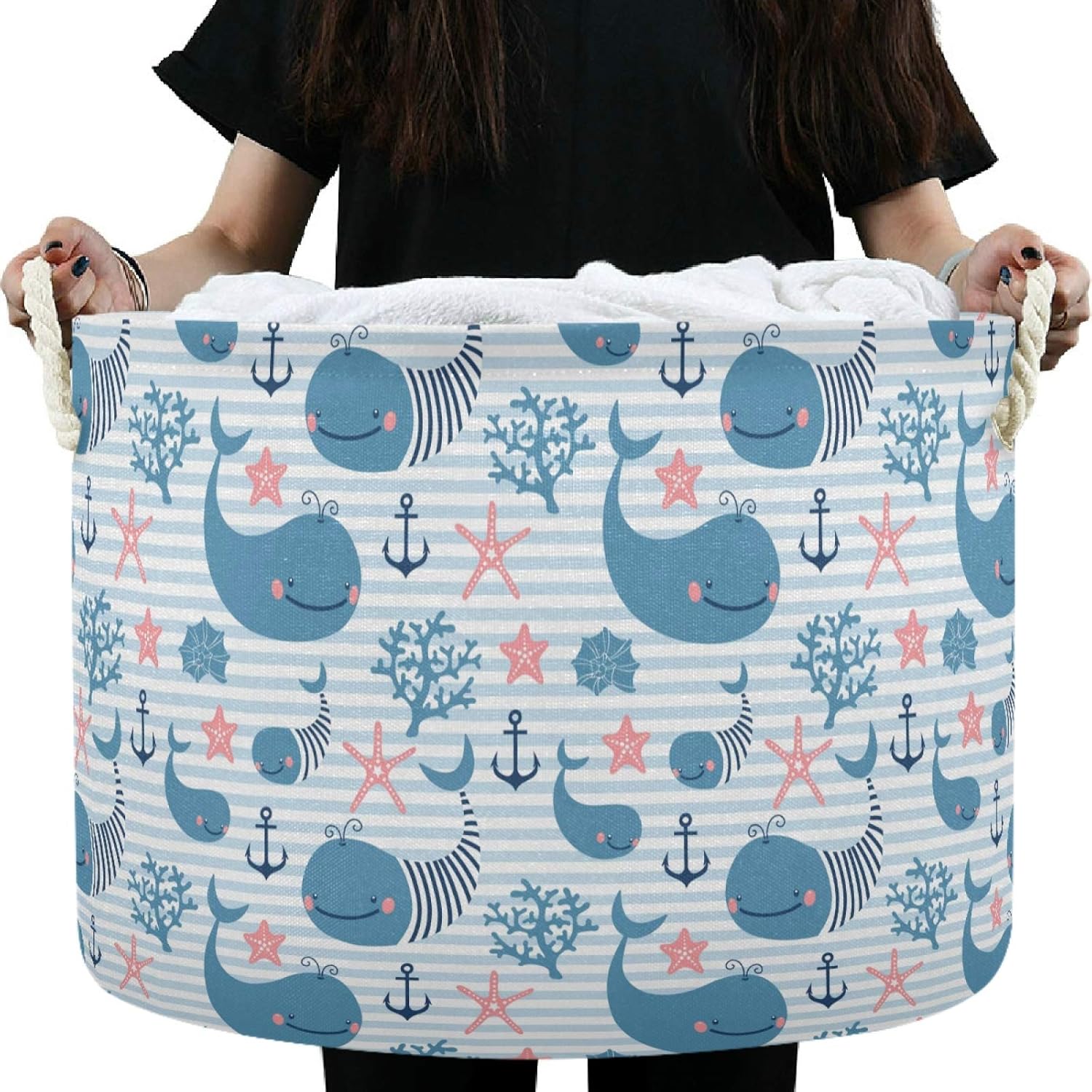 visesunny Whale Blue Stripe Collapsible Laundry Basket with Cotton Handles
