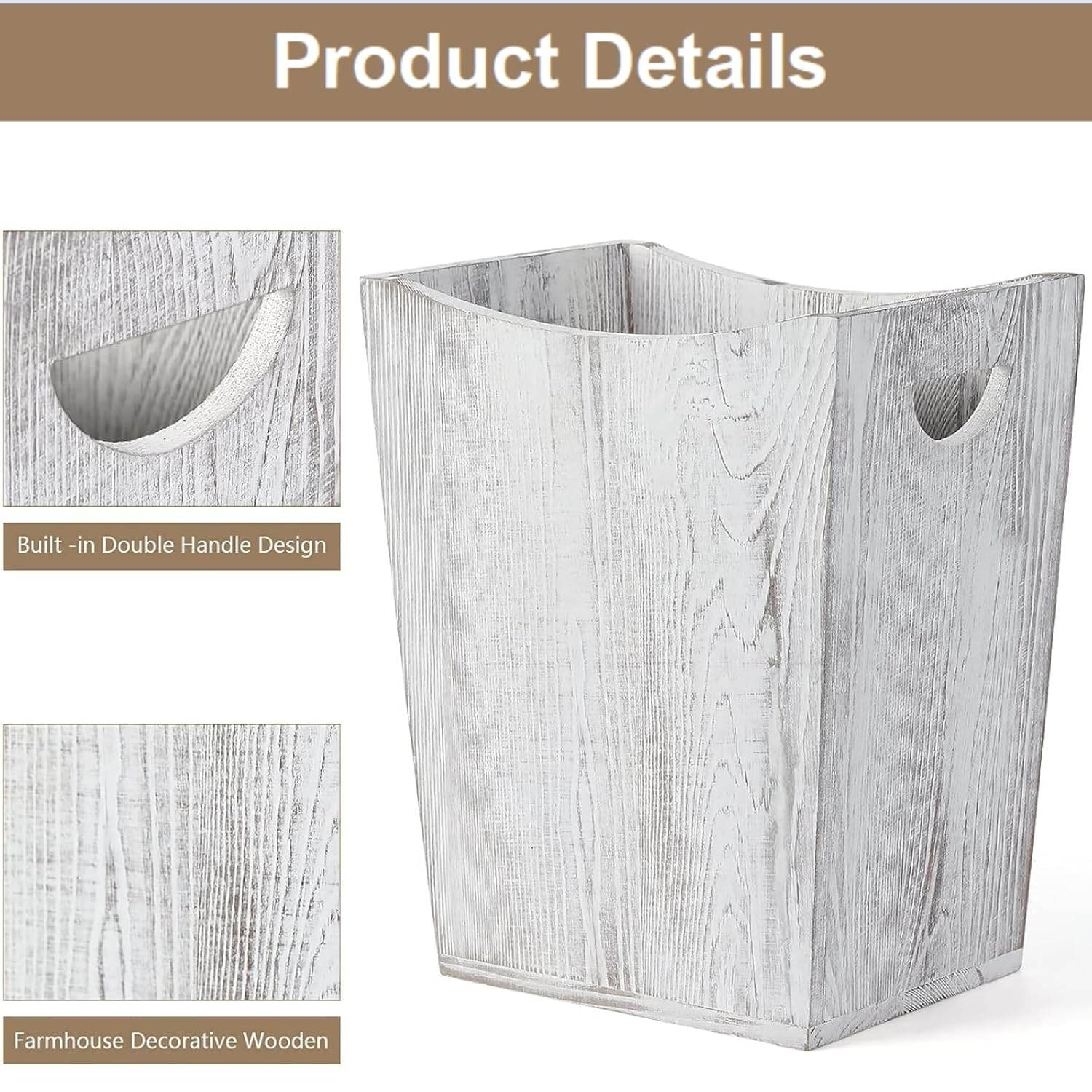 SEHERTIWY Wood Trash Can - Rustic White Wastebasket