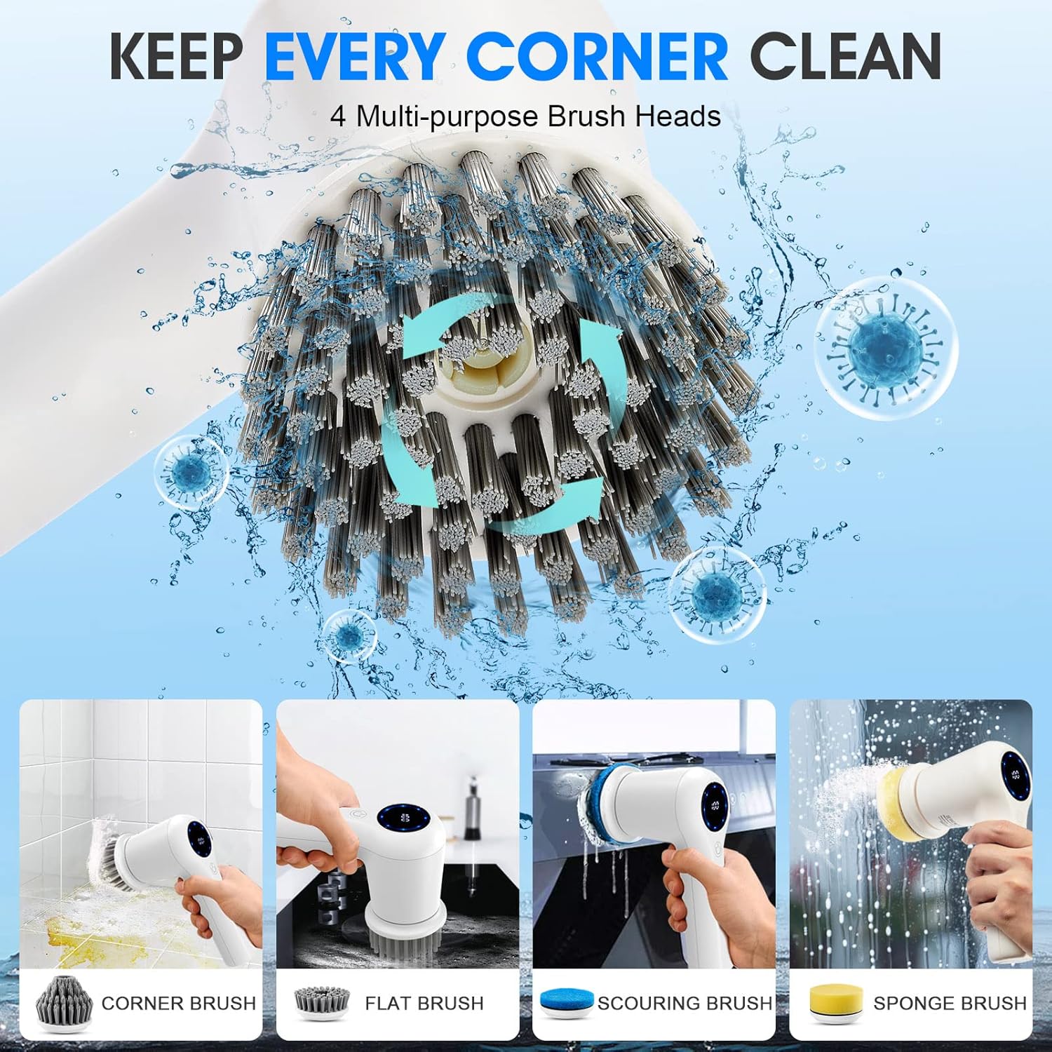 WWOAA Electric Spin Scrubber with Digital Display and 4 Replaceable Heads