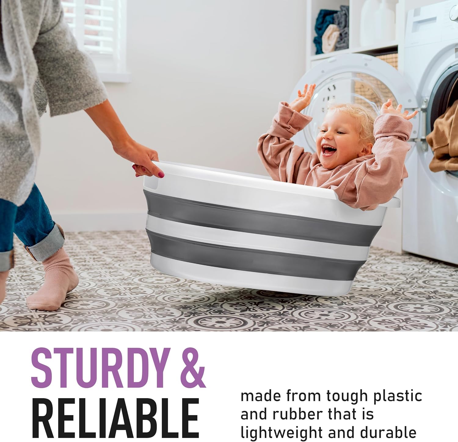 Superio Collapsible Laundry Basket 50L Space-Saving Grey Plastic Hamper
