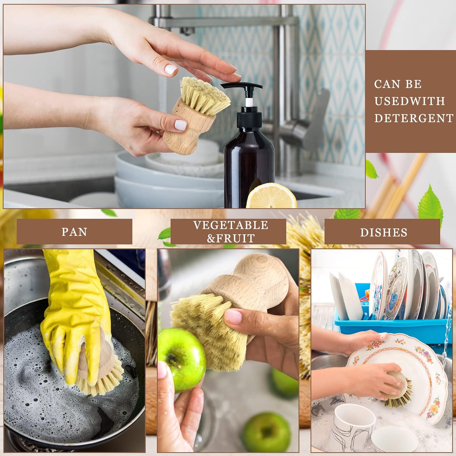 12 Pcs Bamboo Dish Brush Set Sisal Bristle Kitchen Cleaning Tool