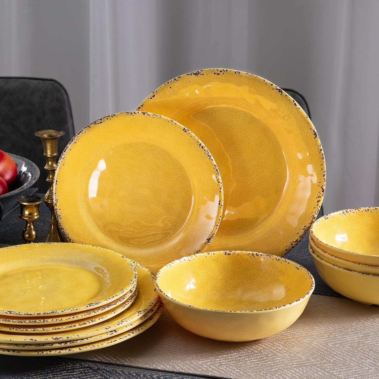 ZAROCRUS 12-Piece Rustic Melamine Dinnerware Set - Yellow