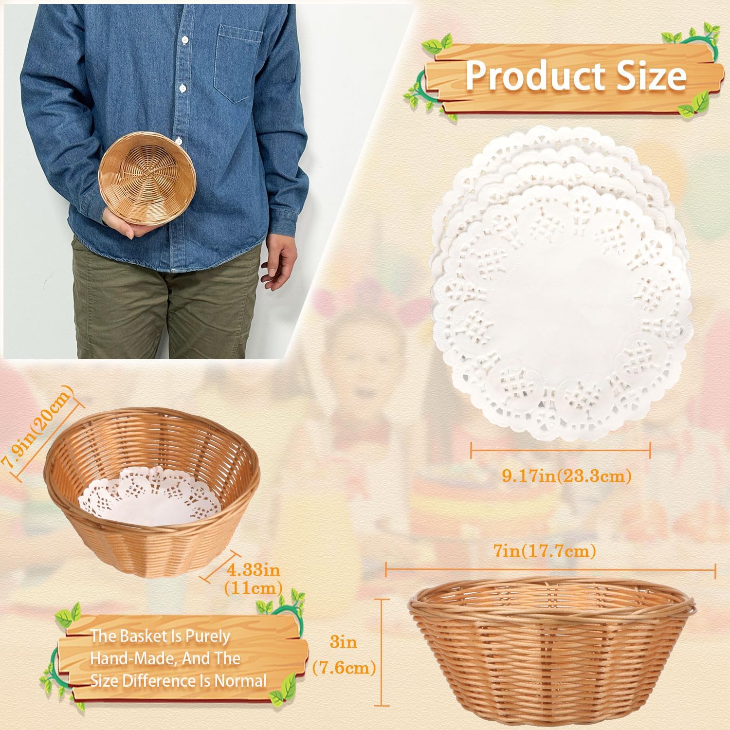 Yimerlen 12 Pcs Round Plastic Bread Basket Wicker for Serving