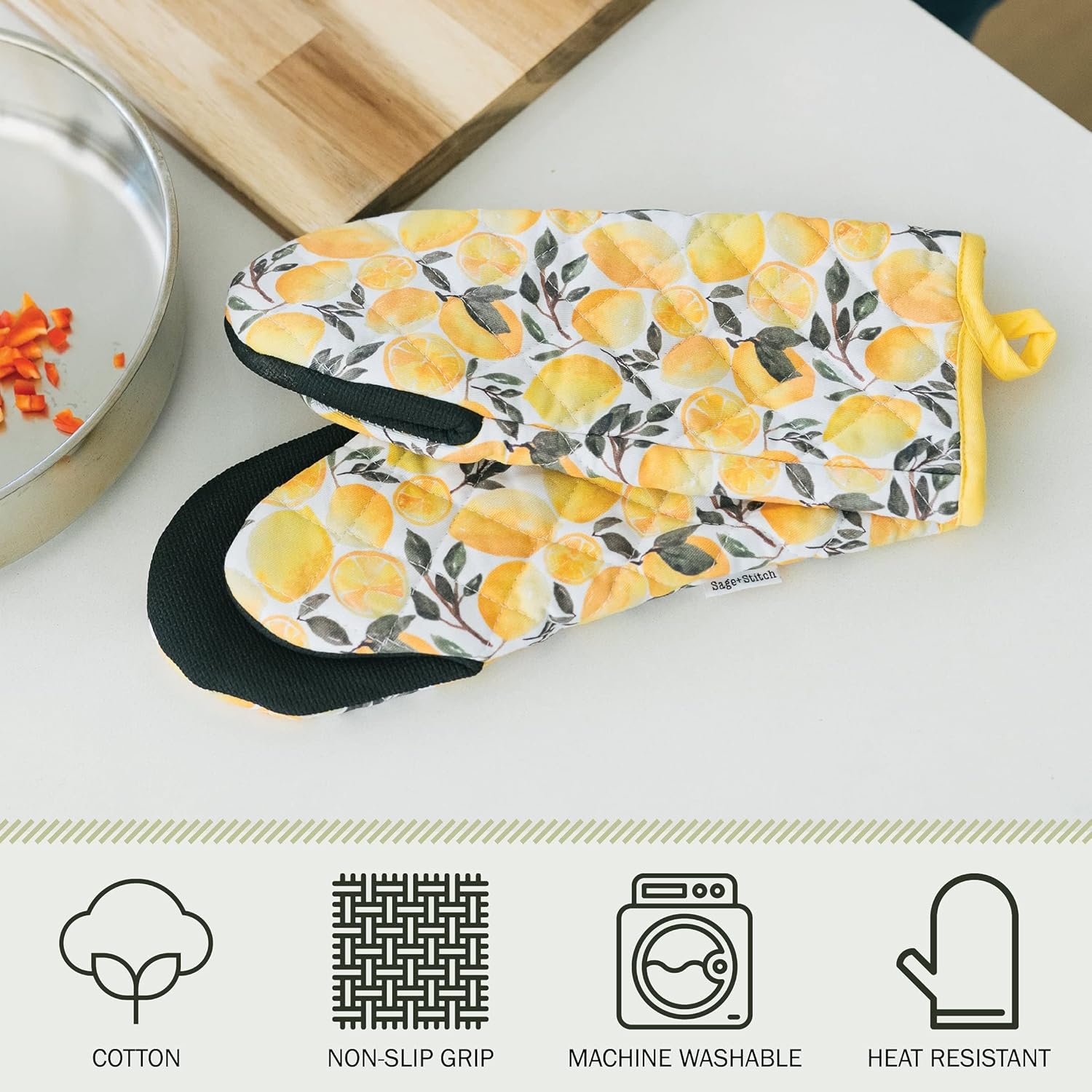 SageStitch Heat Resistant Oven Mitts Set of 2 Yellow Lemons