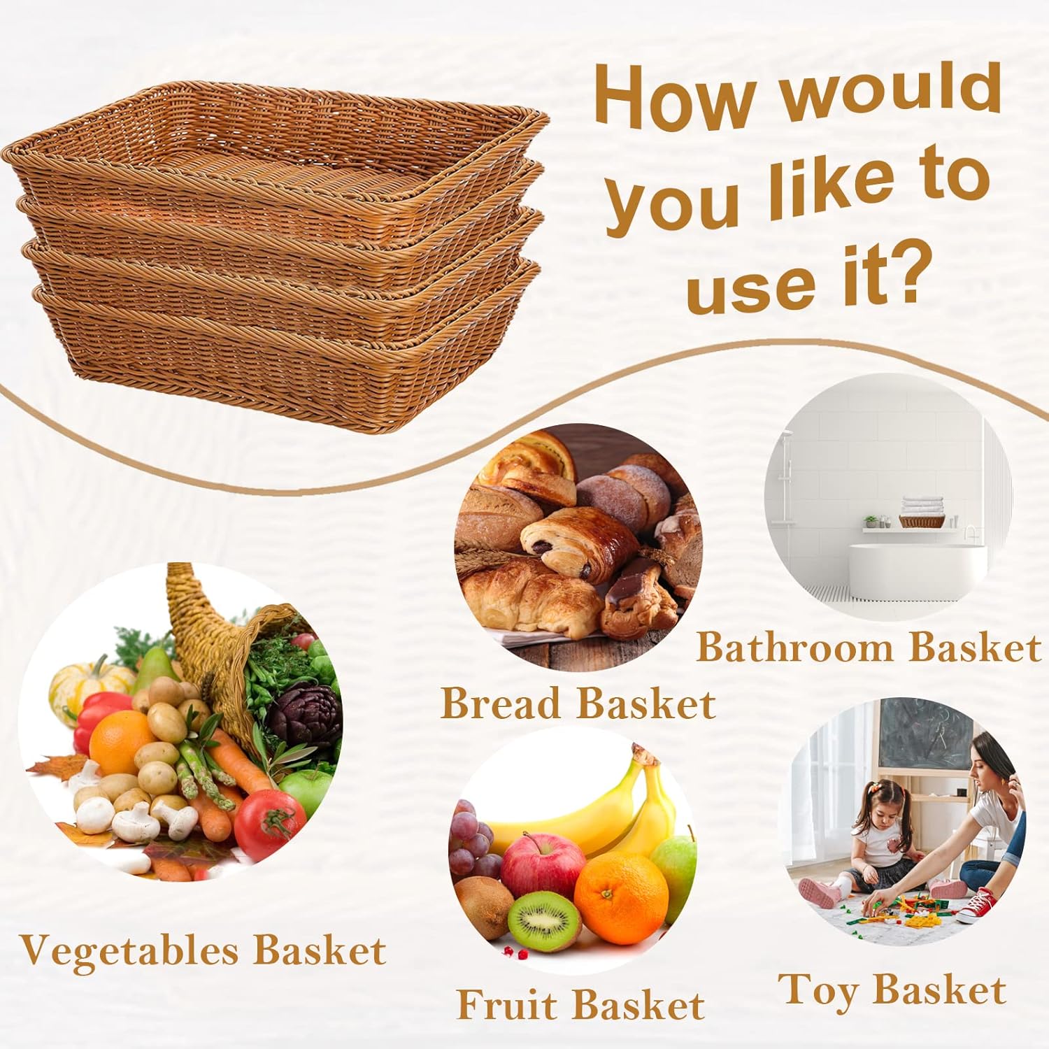 4 Pack Woven Bread Baskets - 118 Inch Rattan Style Serving Baskets