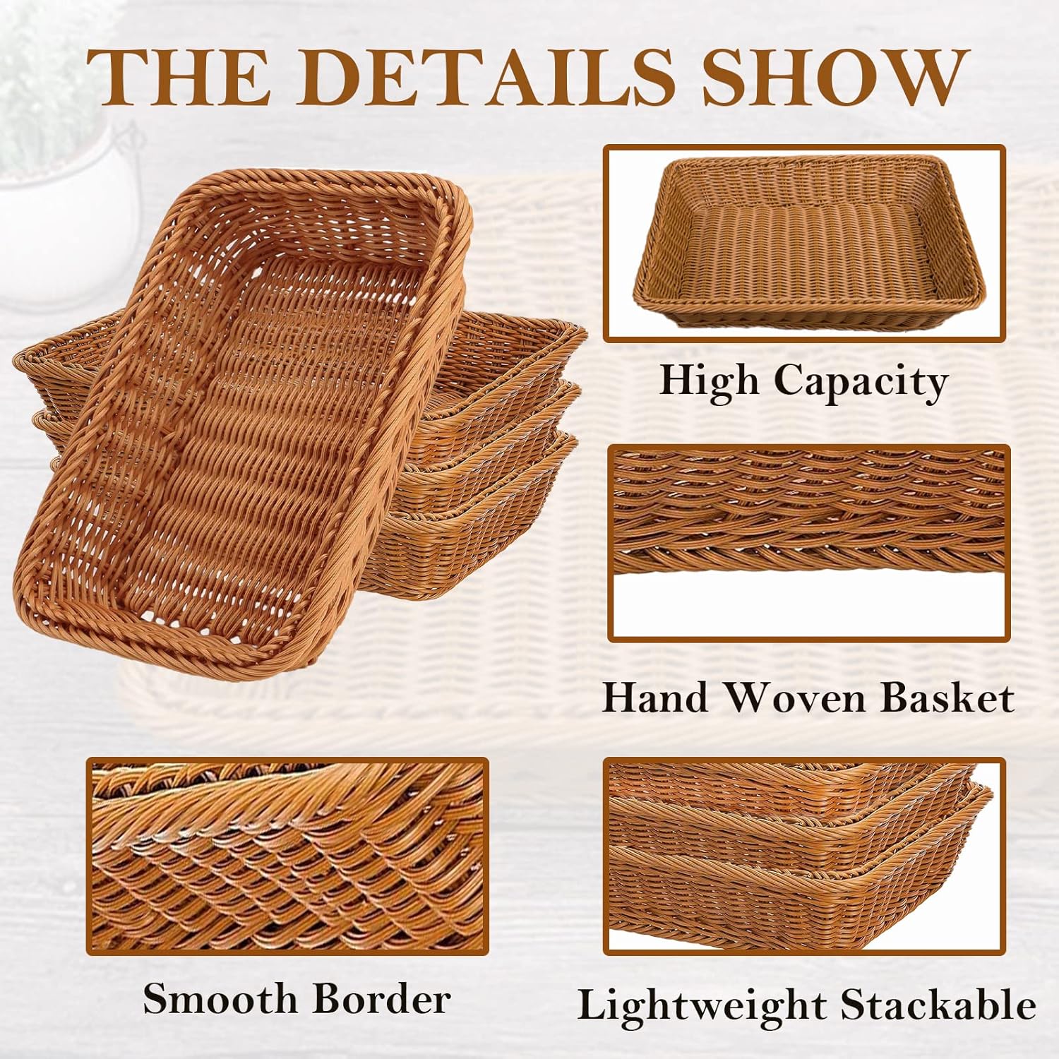 4 Pack Woven Bread Baskets - 118 Inch Rattan Style Serving Baskets