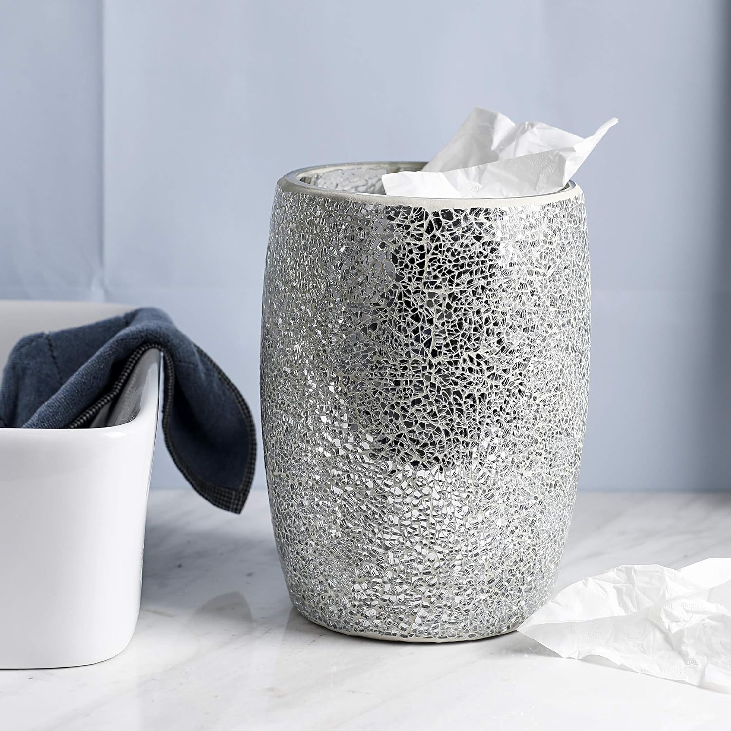 WHOLE HOUSEWARES Shiny Mosaic Glass Wastebasket 75 x 10 Silver