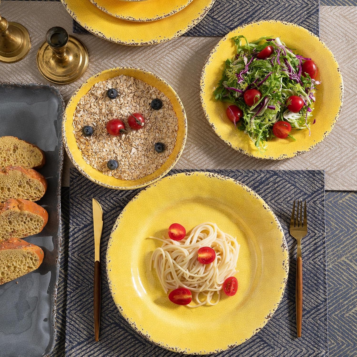 ZAROCRUS 12-Piece Rustic Melamine Dinnerware Set - Yellow