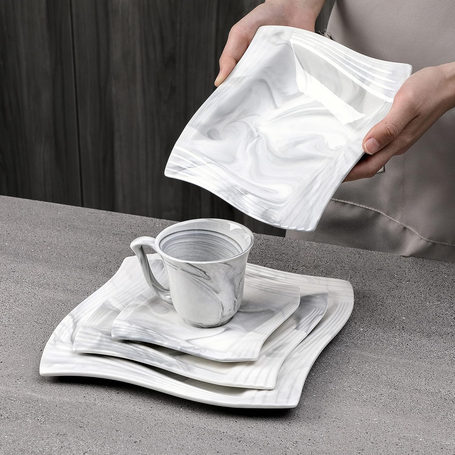 MALACASA Marble Gray 30-Piece Dinnerware Set for 6