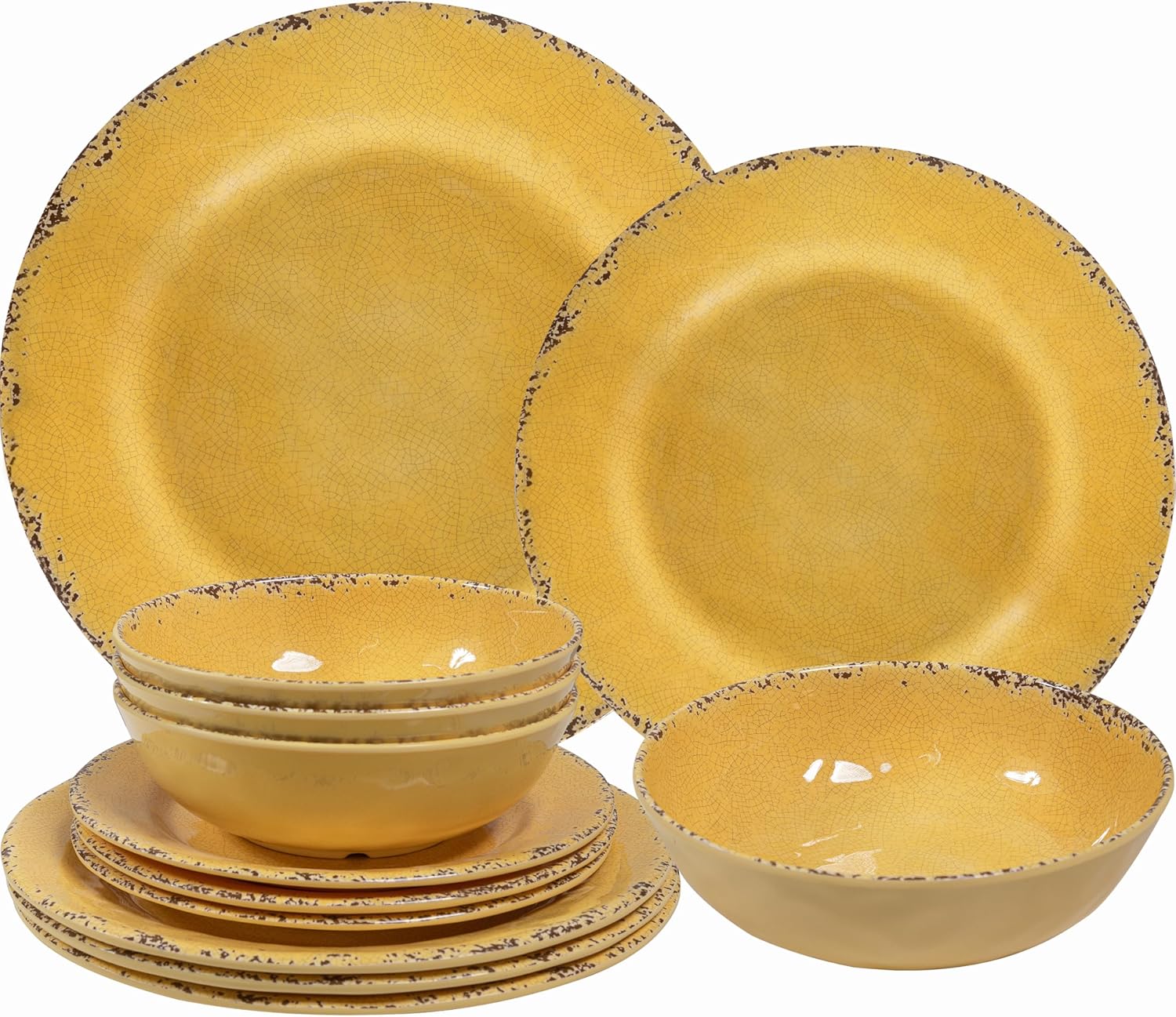 ZAROCRUS 12-Piece Rustic Melamine Dinnerware Set - Yellow