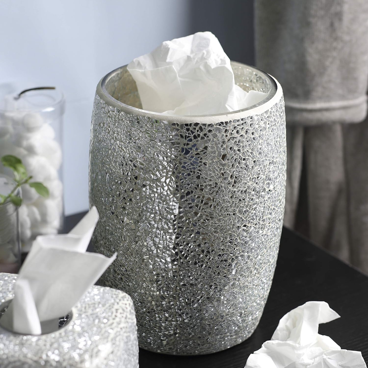 WHOLE HOUSEWARES Shiny Mosaic Glass Wastebasket 75 x 10 Silver