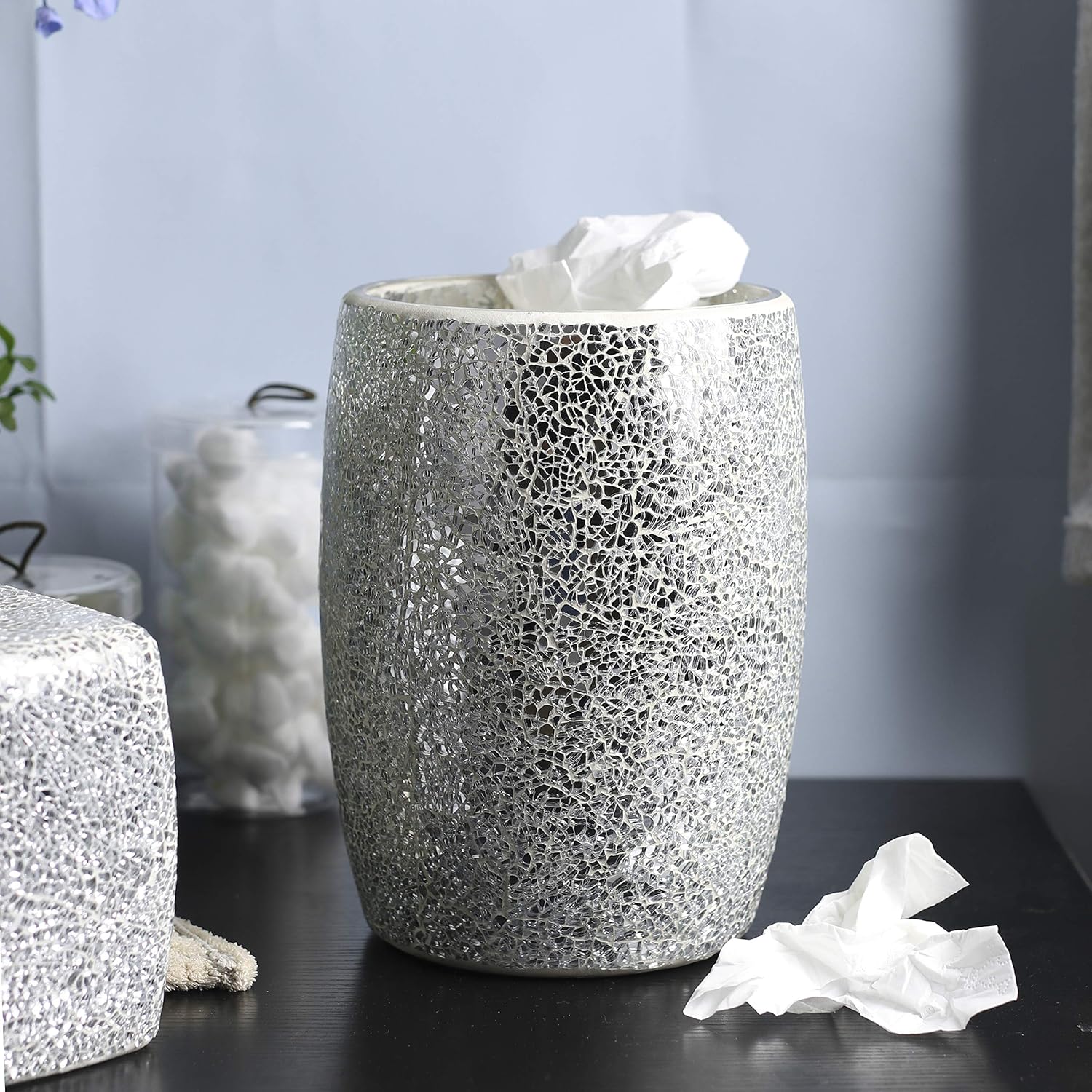 WHOLE HOUSEWARES Shiny Mosaic Glass Wastebasket 75 x 10 Silver